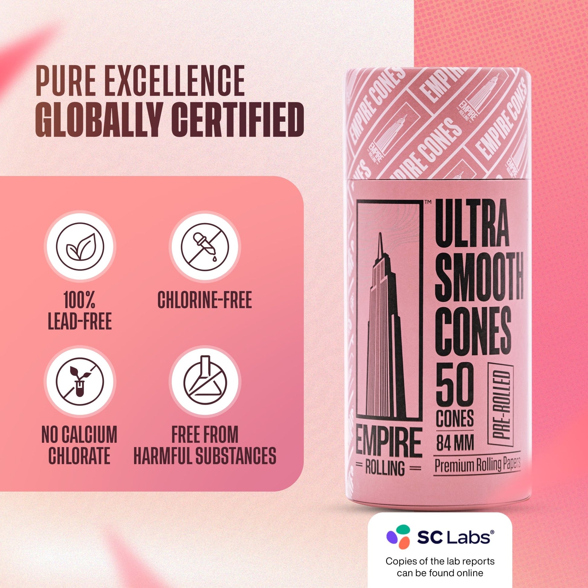 Empire Rolling's King Size Organic Hemp Rolling Papers, eco-friendly and crafted with high-quality, natural materials for a premium smoking experience.Ultra Smooth Pink Cones 50 Count - Empire Rolling Papers