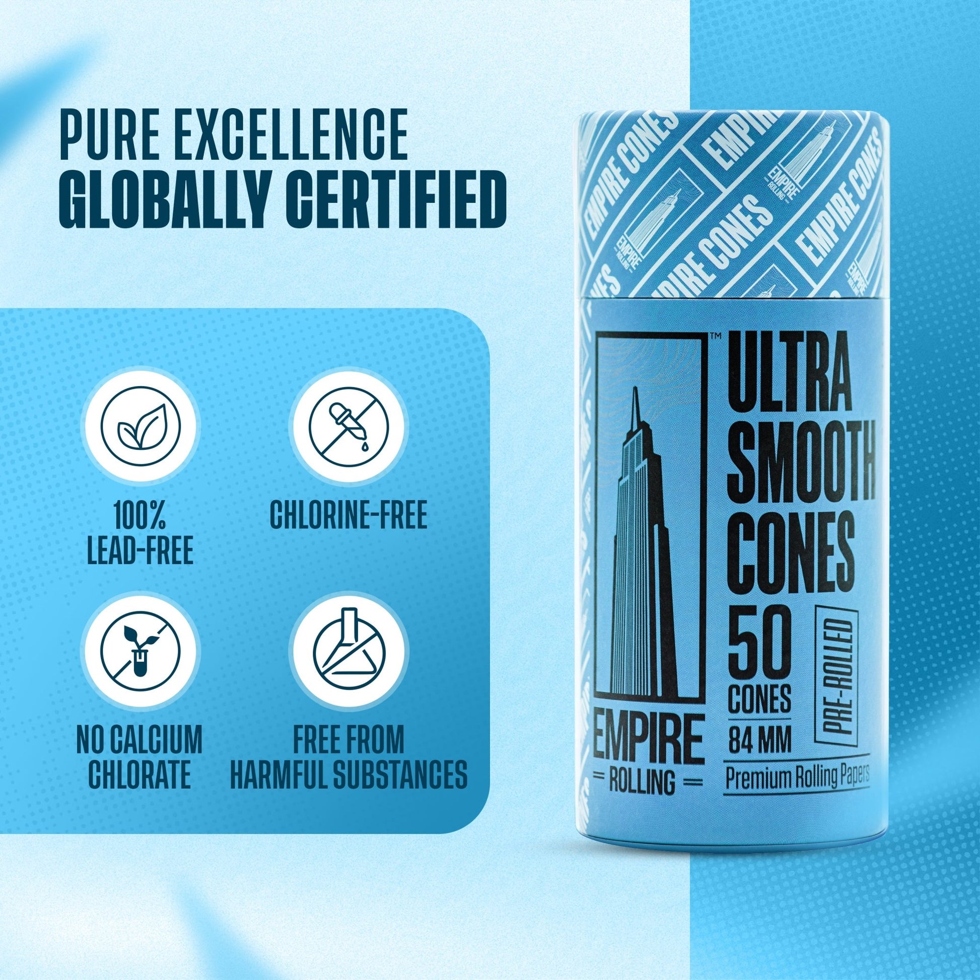 Empire Rolling's King Size Organic Hemp Rolling Papers, eco-friendly and crafted with high-quality, natural materials for a premium smoking experience.Ultra Smooth Blue Cones 50 Count - Empire Rolling Papers