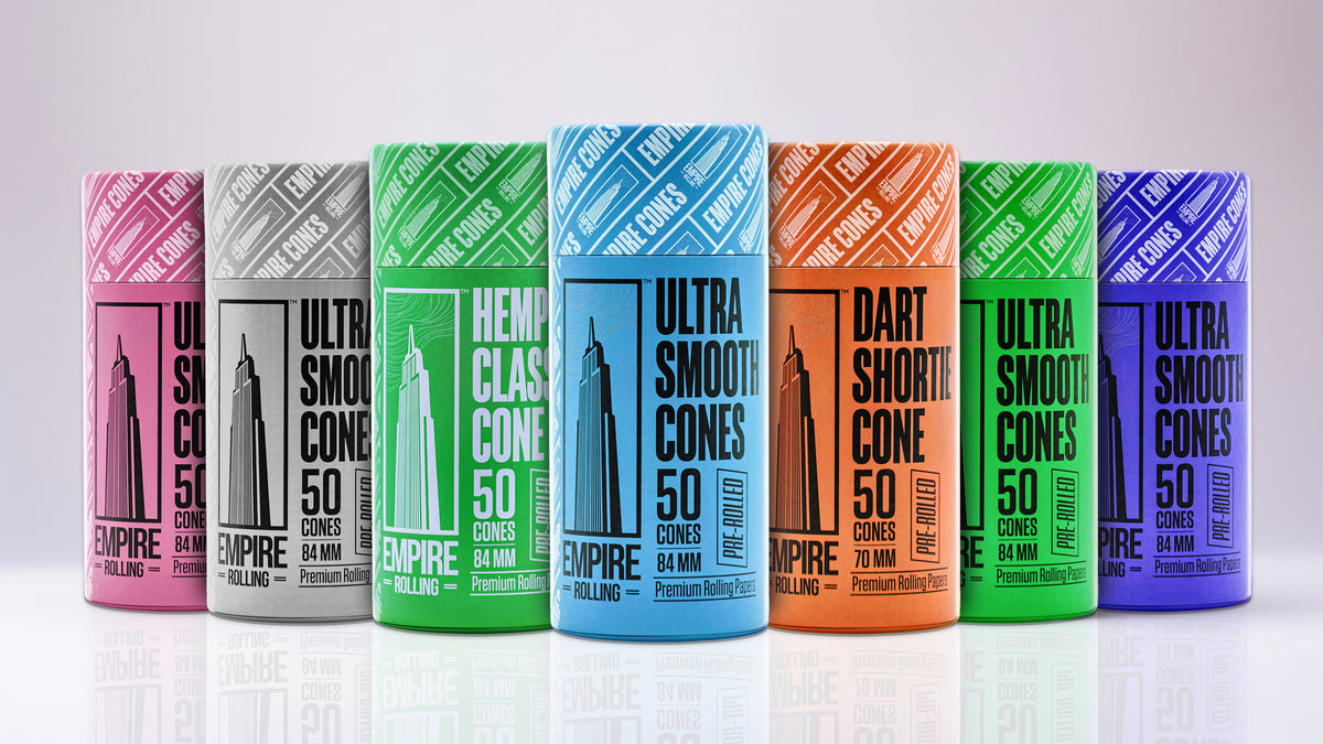 Empire Rolling cone tubes in pink, silver, hemp green, blue, orange, green and purple