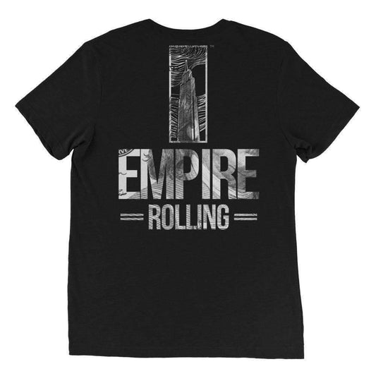 Empire Rolling tri-blend vintage men's tee back view with large Empire Rolling logo and statue graphic