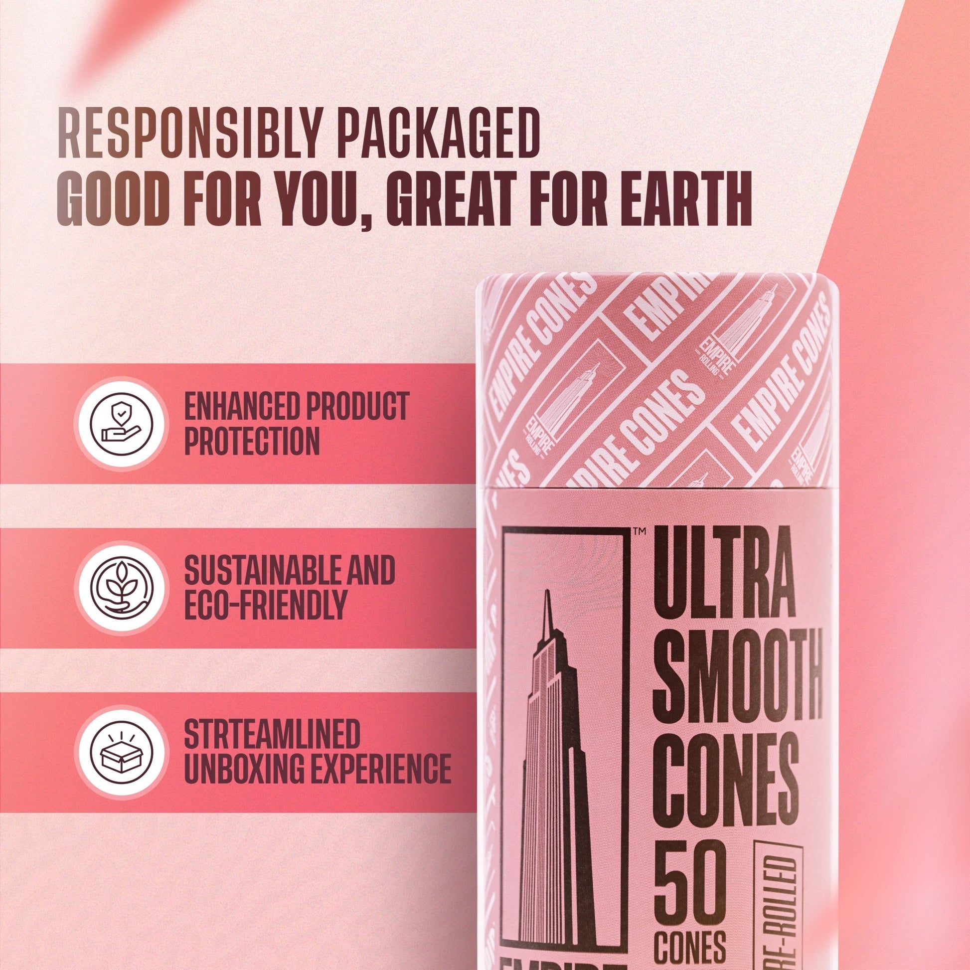 Empire Rolling's King Size Organic Hemp Rolling Papers, eco-friendly and crafted with high-quality, natural materials for a premium smoking experience.Ultra Smooth Pink Cones 50 Count - Empire Rolling Papers