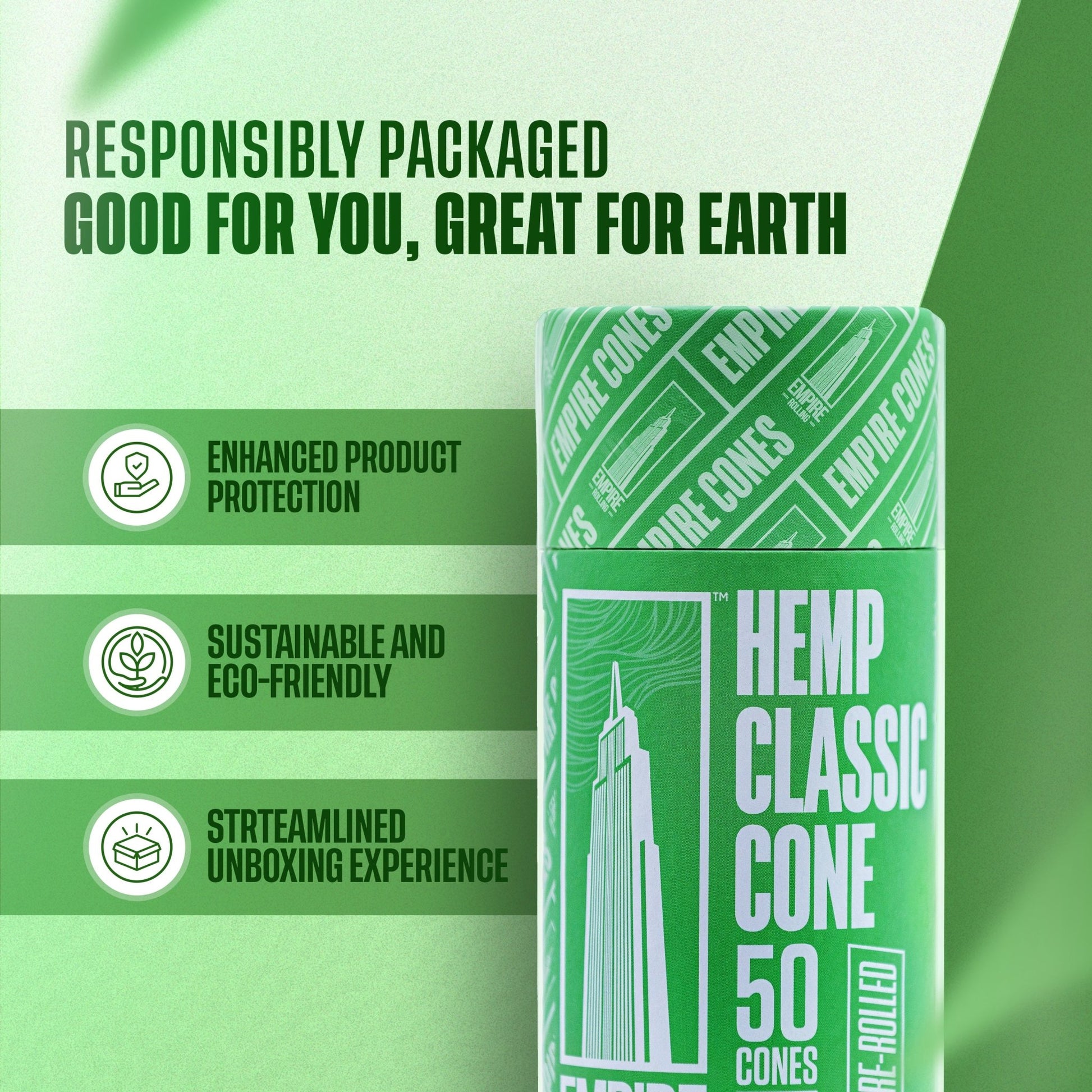 Empire Rolling's King Size Organic Hemp Rolling Papers, eco-friendly and crafted with high-quality, natural materials for a premium smoking experience.Ultra Smooth Hemp Cones 50 Count - Empire Rolling Papers
