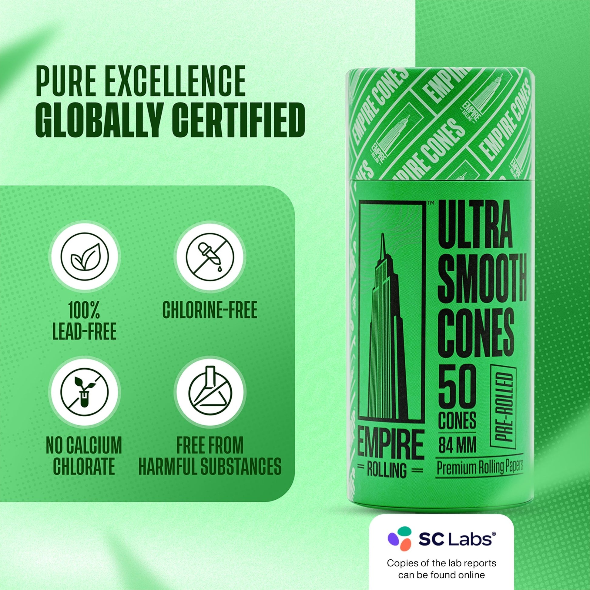 Empire Rolling's King Size Organic Hemp Rolling Papers, eco-friendly and crafted with high-quality, natural materials for a premium smoking experience.Ultra Smooth Green Cones 50 Count - Empire Rolling Papers