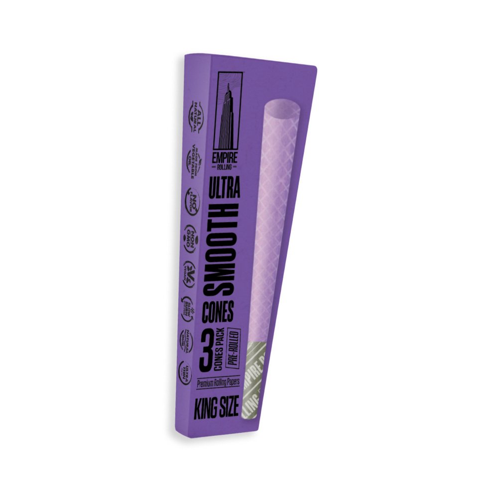 Empire Rolling's King Size Organic Hemp Rolling Papers, eco-friendly and crafted with high-quality, natural materials for a premium smoking experience.Ultra Smooth Purple Cones - 3 Count King Size - Empire Rolling Papers