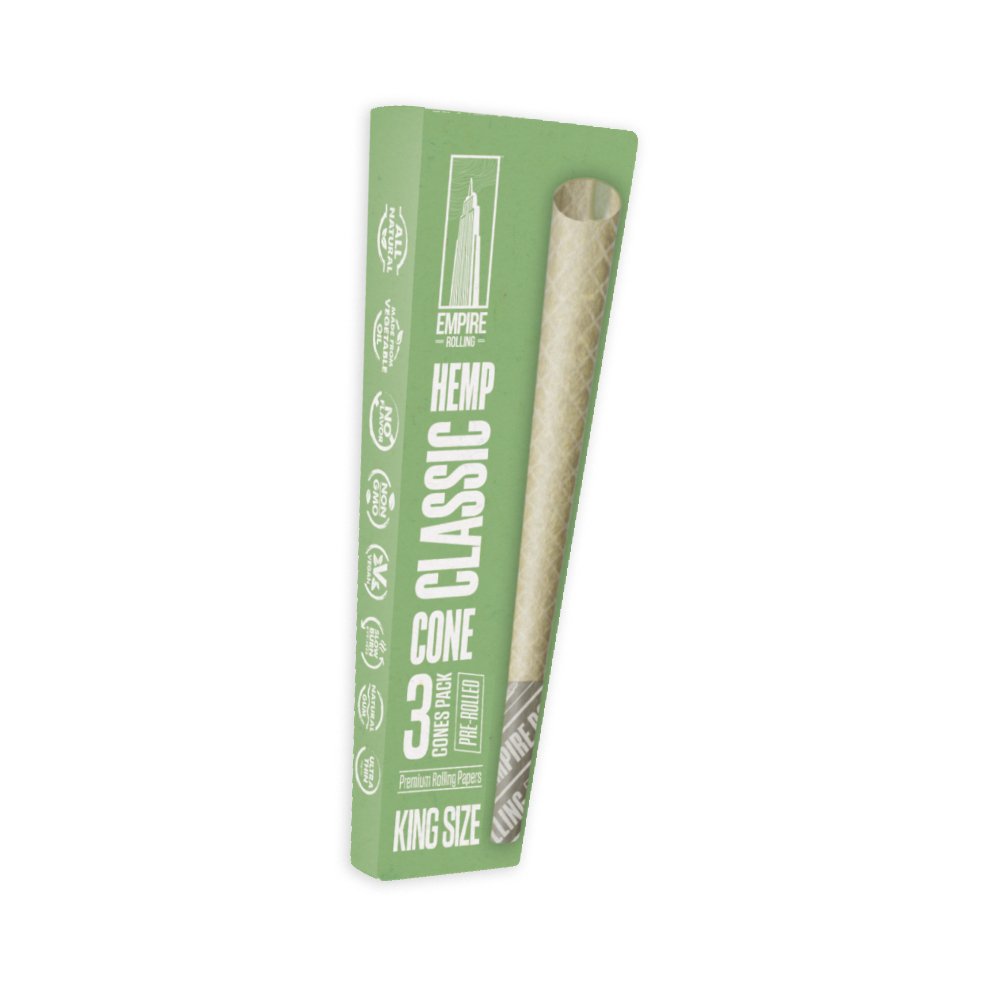Empire Rolling's King Size Organic Hemp Rolling Papers, eco-friendly and crafted with high-quality, natural materials for a premium smoking experience.Ultra Smooth Hemp Cones - 3 Count King Size - Empire Rolling Papers