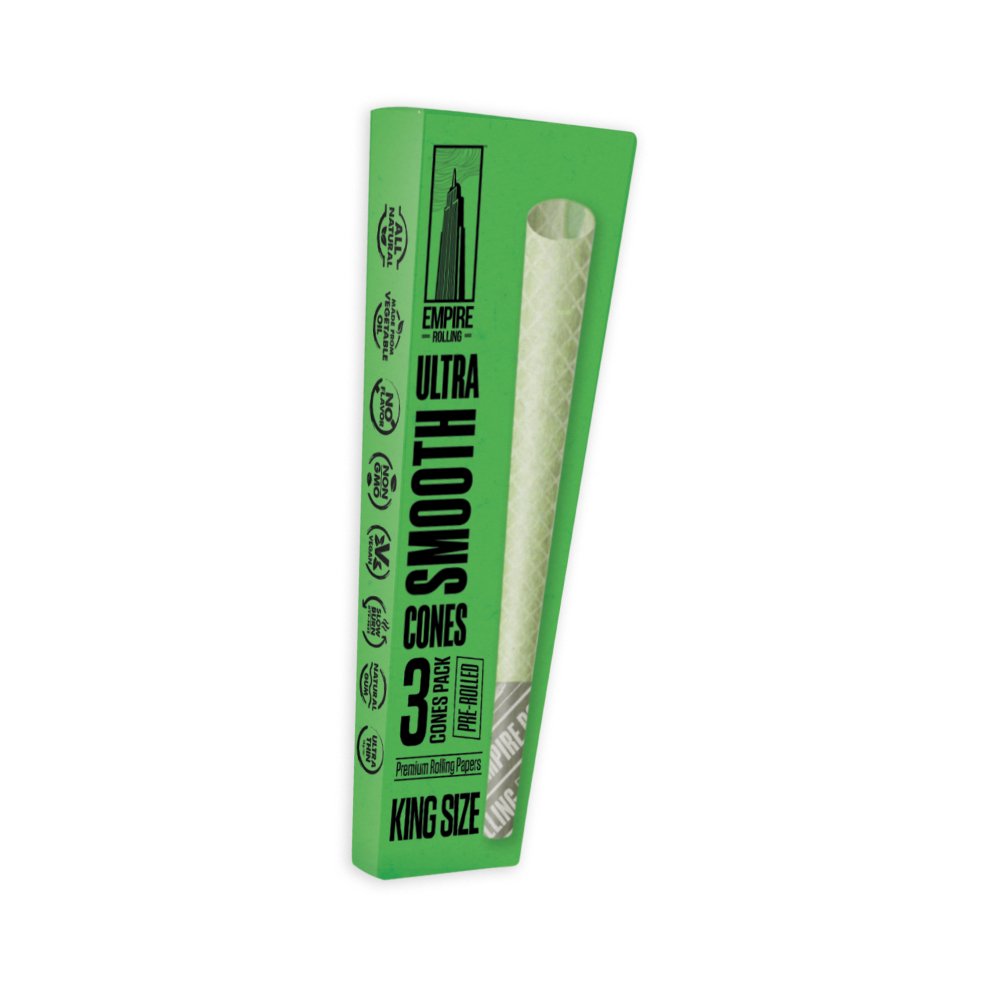 Empire Rolling's King Size Organic Hemp Rolling Papers, eco-friendly and crafted with high-quality, natural materials for a premium smoking experience.Ultra Smooth Green Cones - 3 Count King Size - Empire Rolling Papers