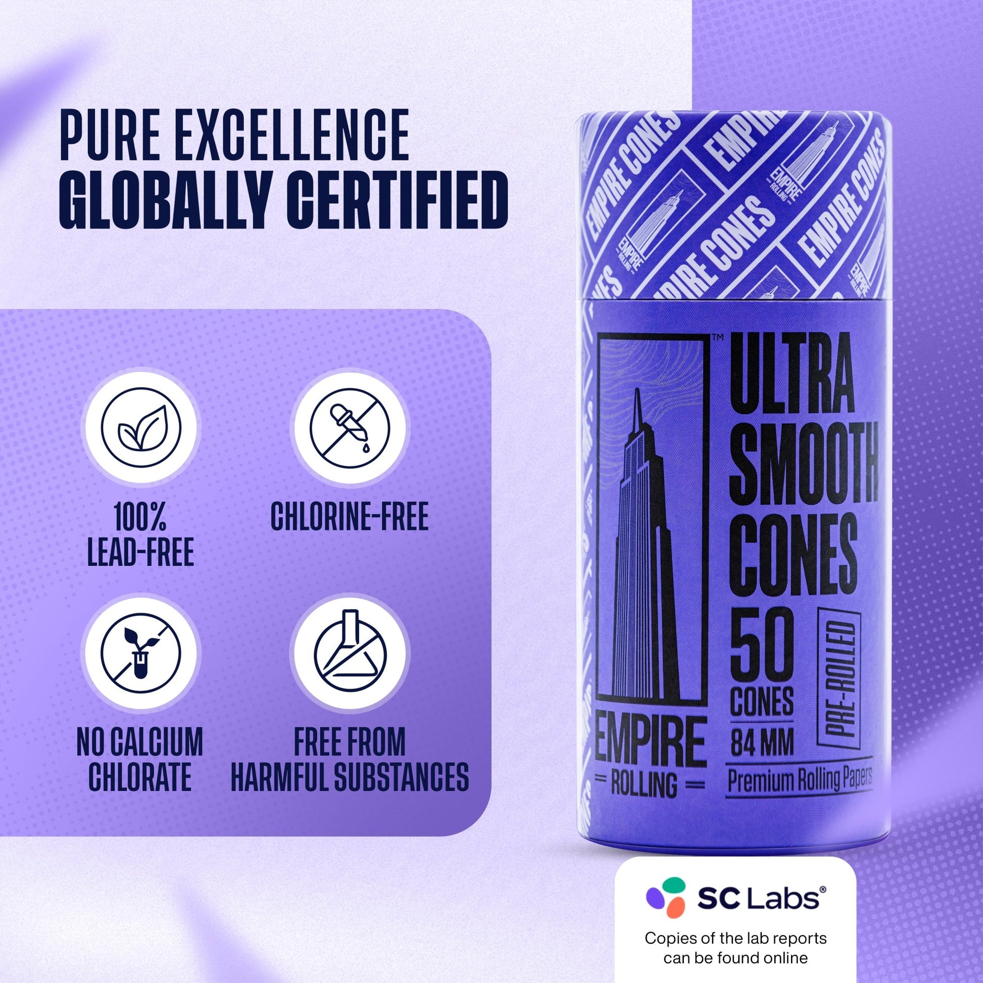 Empire Rolling's King Size Organic Hemp Rolling Papers, eco-friendly and crafted with high-quality, natural materials for a premium smoking experience.Ultra Smooth Purple Cones 50 Count - Empire Rolling Papers